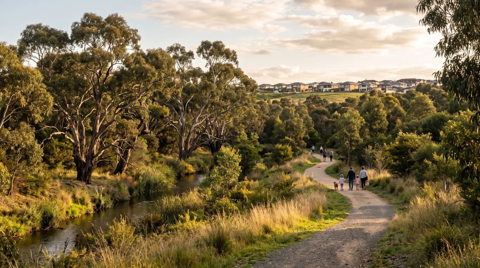 Indicative creek corridor parkland with walking trails beside a new residential neighbourhood
