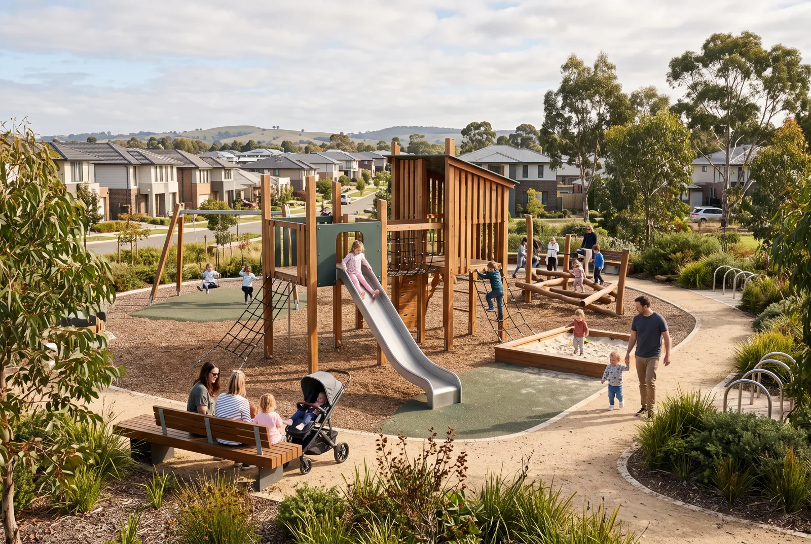 Indicative neighbourhood playground and community open space in a new Melbourne precinct