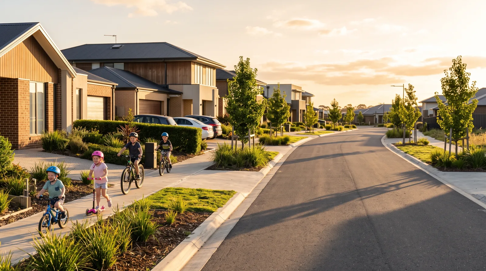 Indicative residential street at golden hour in a new Donnybrook neighbourhood
