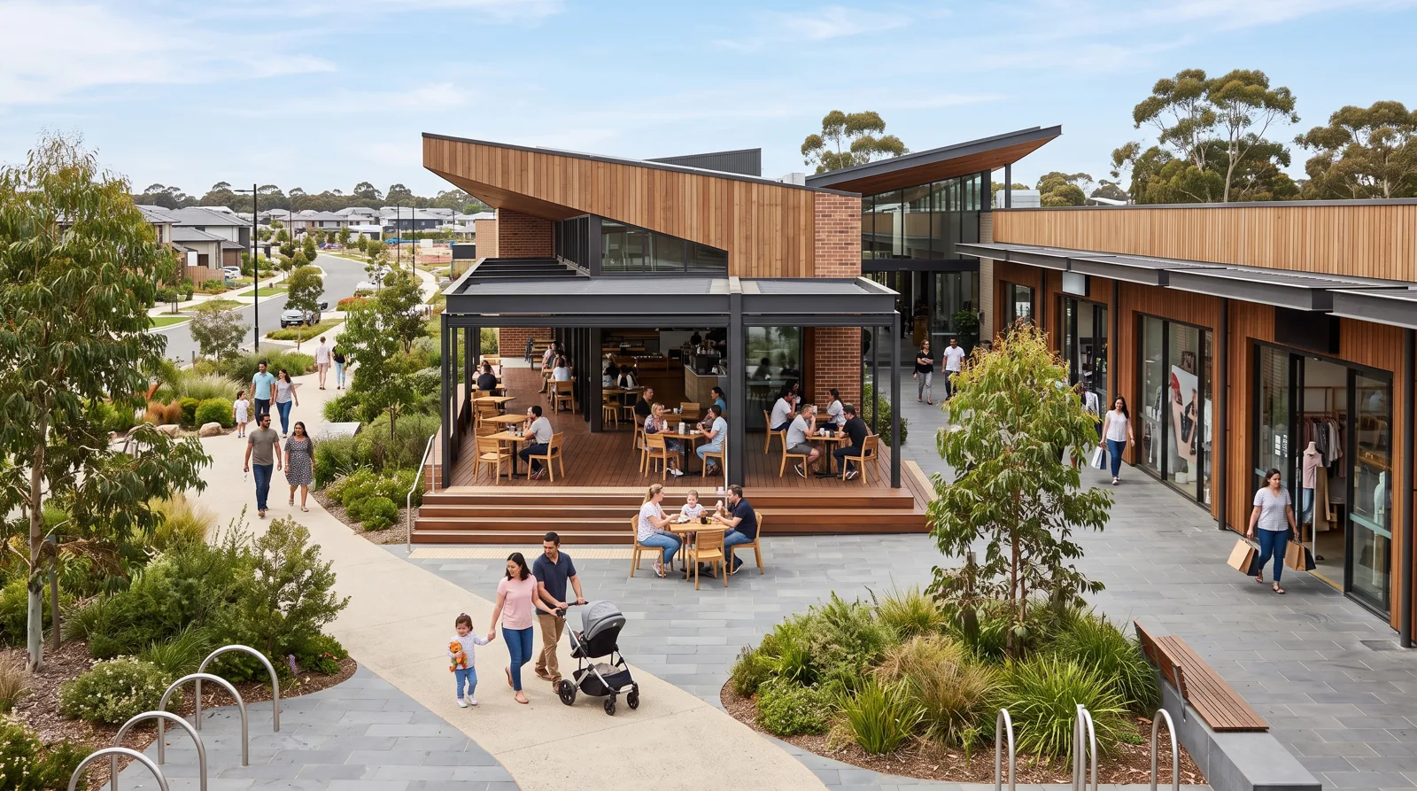 Indicative local town centre with shops and shaded seating in a new Melbourne growth precinct